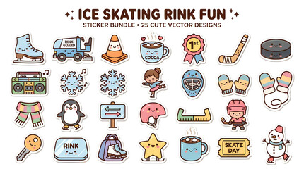 Fototapeta premium Cute ice skating rink vector icons and stickers set