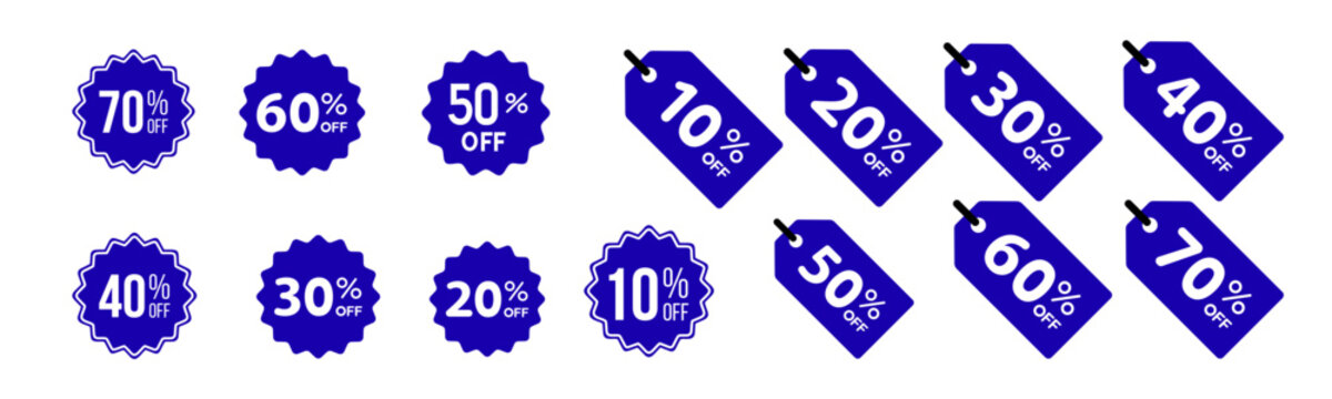 Blue Discount Badge Collection with Percentage Sale 10,20,30,40,50,60,7o,Labels for Retail Shopping and Promotional Marketing Designs vector collection