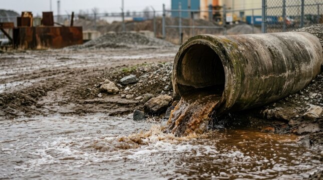 Industrial pipe discharging polluted water into a river.