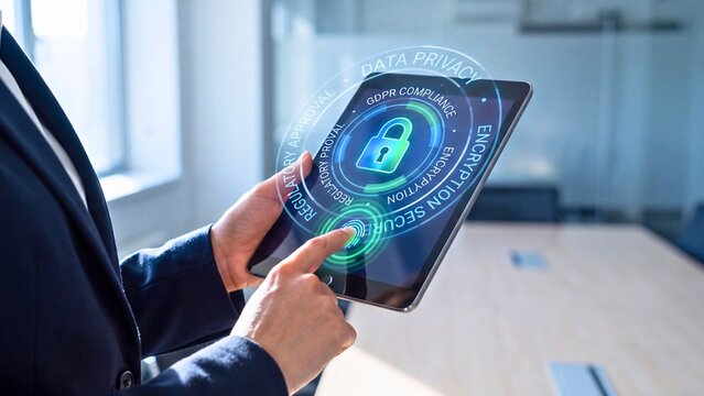Businessman accessing secure digital tablet with holographic lock interface for cybersecurity protection, data privacy and corporate network safety