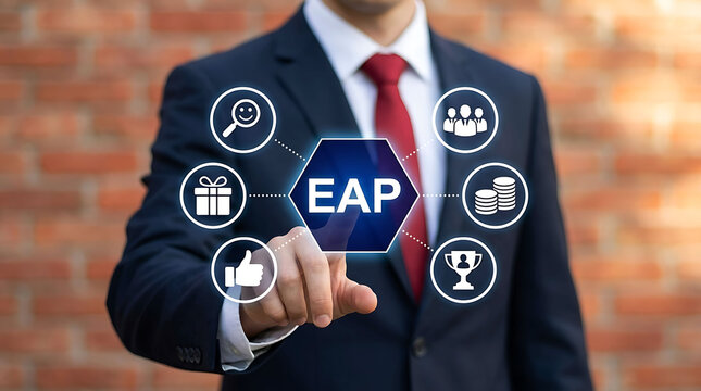 Businessman touching Employee Assistance Program EAP icon virtual interface screen