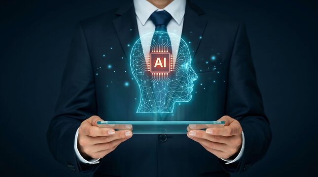 Businessman holding digital glass tablet showing artificial intelligence head graphic icon