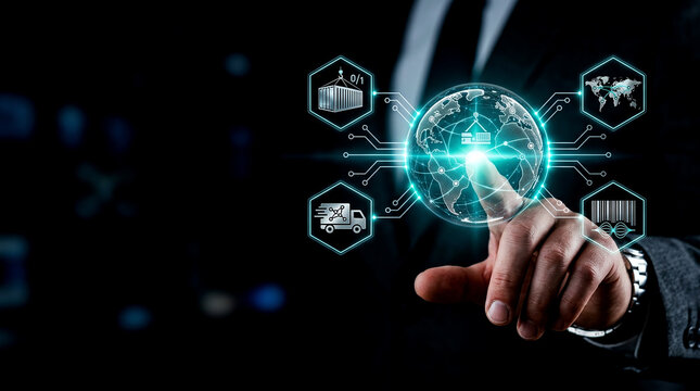 Businessman's hand interacts with glowing holographic globe showcasing advanced digital supply chain logistics and global route optimization driven by Quantum Computing Progress for future management