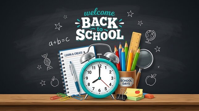 Back to school background with stationery supplies and alarm clock on wooden desk against chalkboard wall