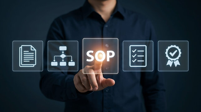 Businessman selecting SOP standard operating procedure icon for workflow management