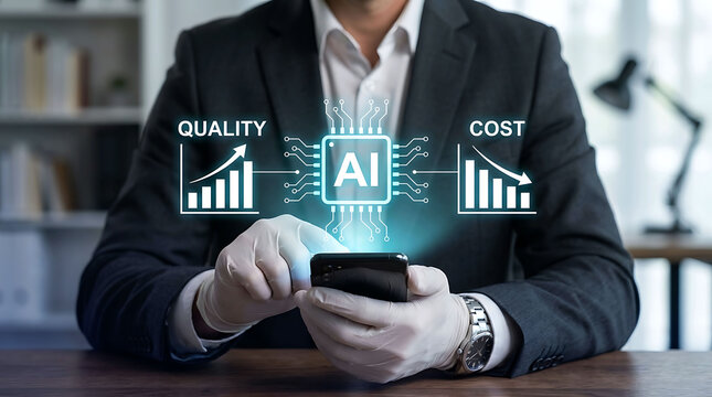 Businessman using AI technology on smartphone for high quality and low cost efficiency