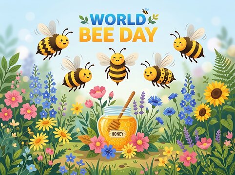 Colorful world bee day celebration with happy bees flowers and honey jar illustration scene