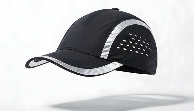 Black athletic running cap with reflective trim and breathable mesh side panels.