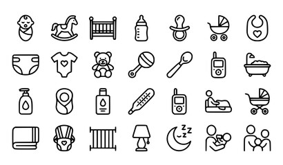 Obraz premium Baby Care and Newborn Essentials Editable Stroke Outline Icons Set