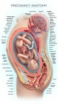 Detailed medical illustration showing human pregnancy anatomy with a developing fetus inside the uterus and a close up placenta section