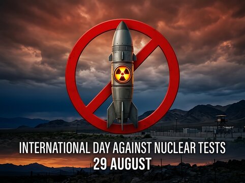 Powerful antinuclear test campaign poster with missile and radiation symbol against dramatic sky landscape