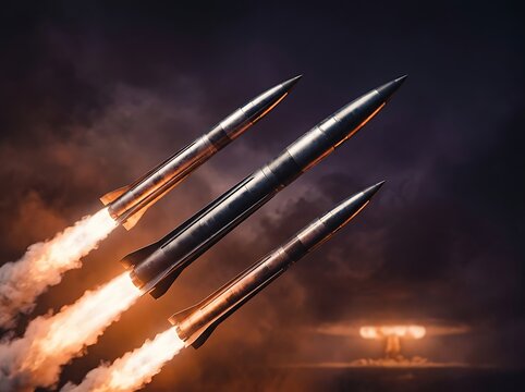 Powerful missiles launching into the sky with fiery exhaust trails and dramatic explosion background