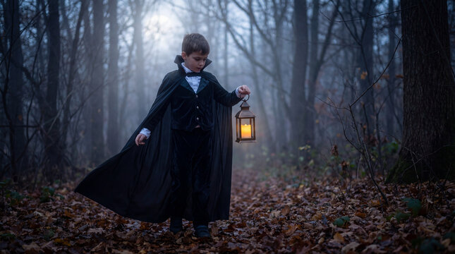 Boy wearing vampire costume carrying lantern through misty forest, Halloween adventure, childhood imagination, spooky fantasy, night exploration, suitable for editorial themes, marketing