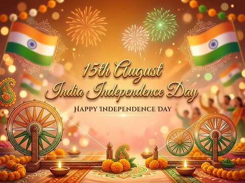 Vibrant india independence day celebration with fireworks flags and traditional decorations display