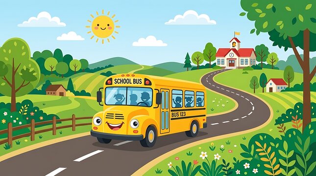 Cartoon yellow school bus driving on a winding road towards a rural building in a sunny landscape