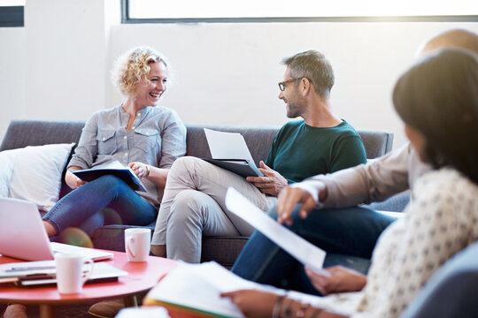 Happy, team and meeting in office with documents, payroll report and collaboration of HR management. People, smile and feedback in business with human resources paperwork, timesheet review and plan.
