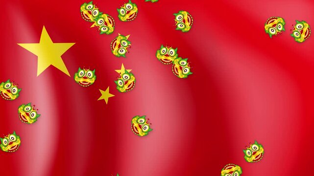 Animated Falling Chinese Dragon Heads Over Waving National Flag Background