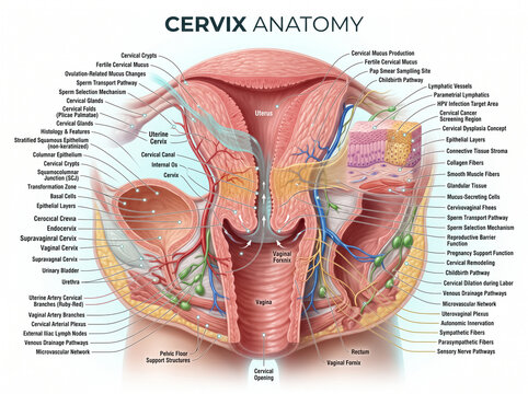 Detailed medical illustration showing the anatomy of the human cervix with labeled parts for educational study and scientific research purposes