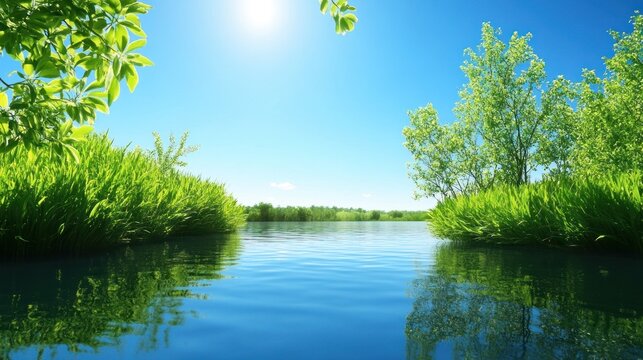 Tranquil river scene with lush greenery under vibrant sunlight