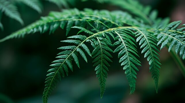 Close up of vibrant green fern fronds showcasing detailed leaf structure and natural texture against a softly blurred forest background