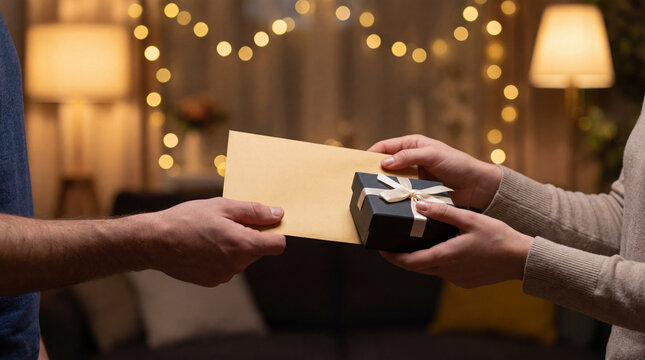 Two people exchanging wrapped gift box plus blank greeting card in cozy illuminated room, gratitude, celebration, personal surprise, holiday connection, suitable for editorial themes,