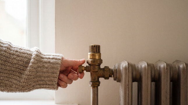 Hand adjusting vintage radiator valve beside window showing home heating control energy efficiency winter comfort utility savings suited for campaigns about lifestyle wellness community