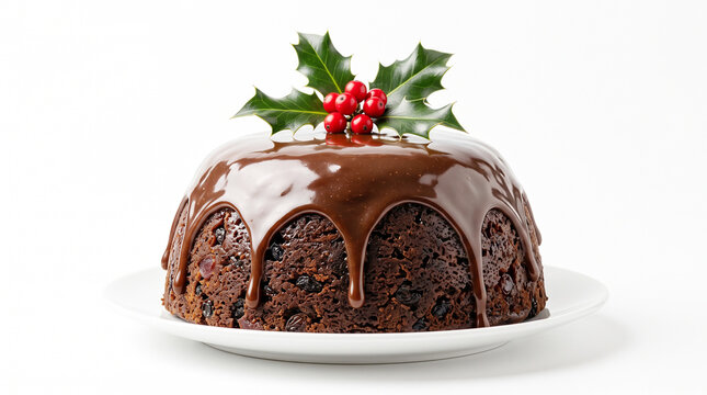 piece of chocolate cakTraditional christmas pudding with chocolate ganache topping, decorated with holly berries and leaves, set against ae with strawberries