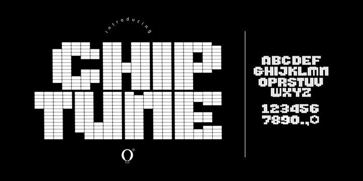 Chiptune: A digital LED matrix font. Bold running text display typeface for electronic music, cyber events, and tech logos.