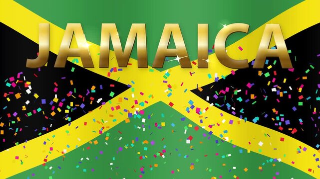 Waving Jamaica Flag Background with Golden Text and Falling Confetti