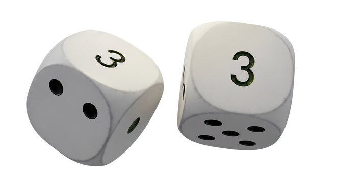 Two White Plastic Gaming Dice with Pips and Black Numbers Isolated on White Background