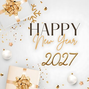Happy new year 2027 greeting card design with elegant gold ribbons and festive confetti elements for a luxury holiday celebration and winter seasonal event banner or social media post