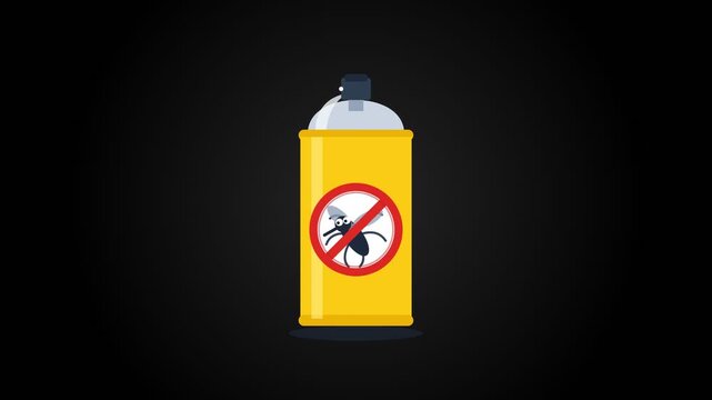 Animated yellow insect repellent spray can emitting mist in flat design on dark background for mosquito pest control and health protection safety in summer against disease vectors