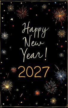 Happy new year 2027 greeting card design with colorful hand drawn fireworks and festive text on a dark black background for a bright and joyful celebration of the upcoming holiday season