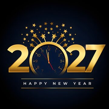 Happy new year 2027 golden text design with a clock and stars on a black background for holiday celebration and festive season greeting card concept