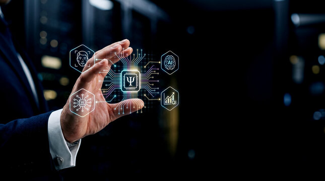 Businessman's hand touching quantum AI chip showcasing Quantum Computing Progress Accelerates machine learning big data processing in secure server room