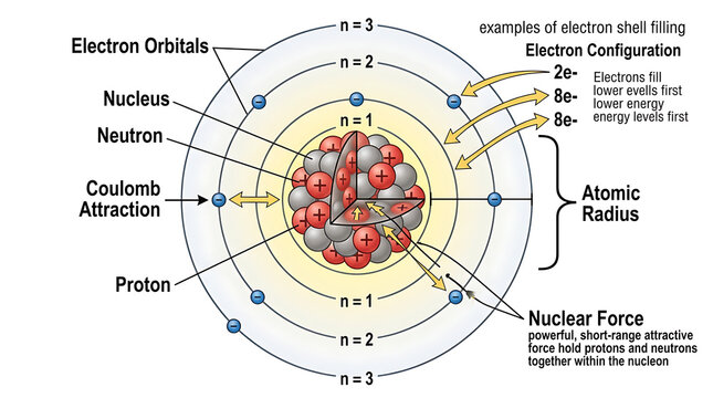 Schematic diagram showing the structure of an atom with nucleus, electron shells, orbitals, and fundamental physical forces