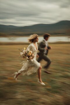 Couple running through nature landscape