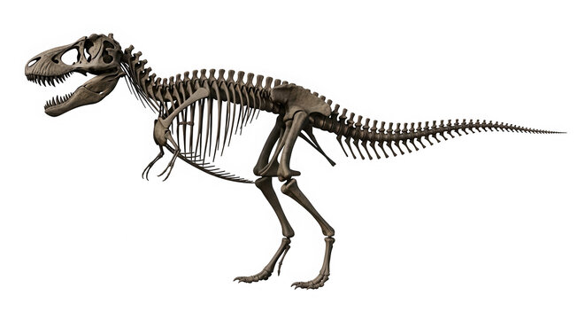 Full skeleton of a Tyrannosaurus Rex dinosaur standing in profile view isolated on transparent background