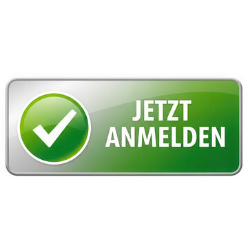 Green button with check mark and German text Jetzt Anmelden for website isolated on transparent background