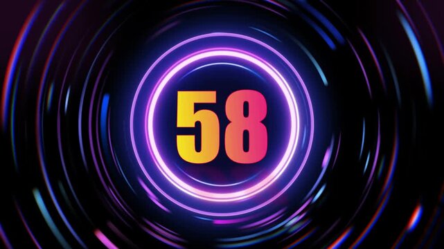 Digital countdown motion graphic video footage displaying the number 58 with vibrant neon rings and dynamic light trails.