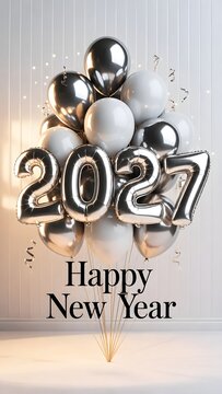 Shiny silver balloons forming the number 2027 with happy new year text for a festive holiday celebration greeting card design featuring metallic balloons and confetti elements for party