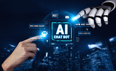 Fototapeta premium Futuristic Chatbot Interface with Robotic Hand Interacting in a Digital Environment for Artificial Intelligence Communication Quark.