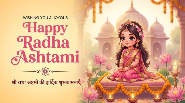 Happy radha ashtami greeting card with cute cartoon radha and lotus flowers festival hinduism devotion spirituality religious illustration