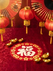 Fototapeta premium Chinese new year celebration setup with red lanterns, gold ingots and a traditional round sign featuring the lucky character for prosperity and good fortune on a deep red table surface