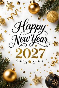 Happy new year 2027 greeting card with golden baubles, green pine branches, and festive confetti decorations for a celebratory winter holiday season design
