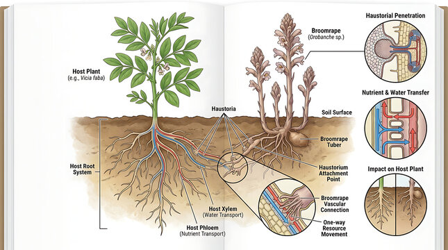 Scientific Illustration of Parasitic Broomrape Plant Attaching to Host Plant Root System for Nutrient Absorption