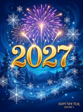 Golden 2027 text with bright colorful fireworks and glowing snowflakes on a dark blue background celebrating the start of the new year holiday event in a winter night sky setting