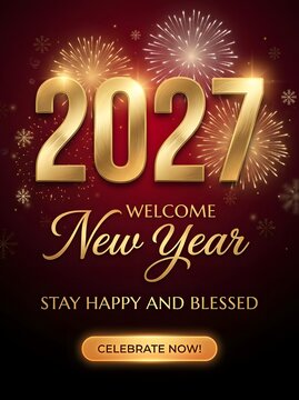 2027 happy new year gold greeting card design with colorful fireworks background and elegant text for holiday celebration party invitation banner poster flyer social media template