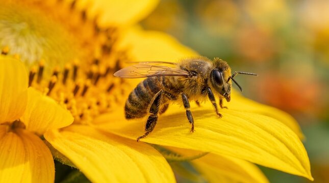 Macro close up of honey bee collecting pollen on yellow sunflower petal