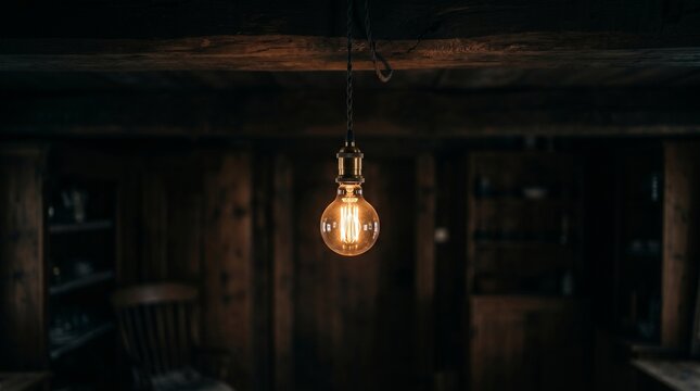 Vintage glowing Edison bulb hanging from dark rustic wooden beam ceiling